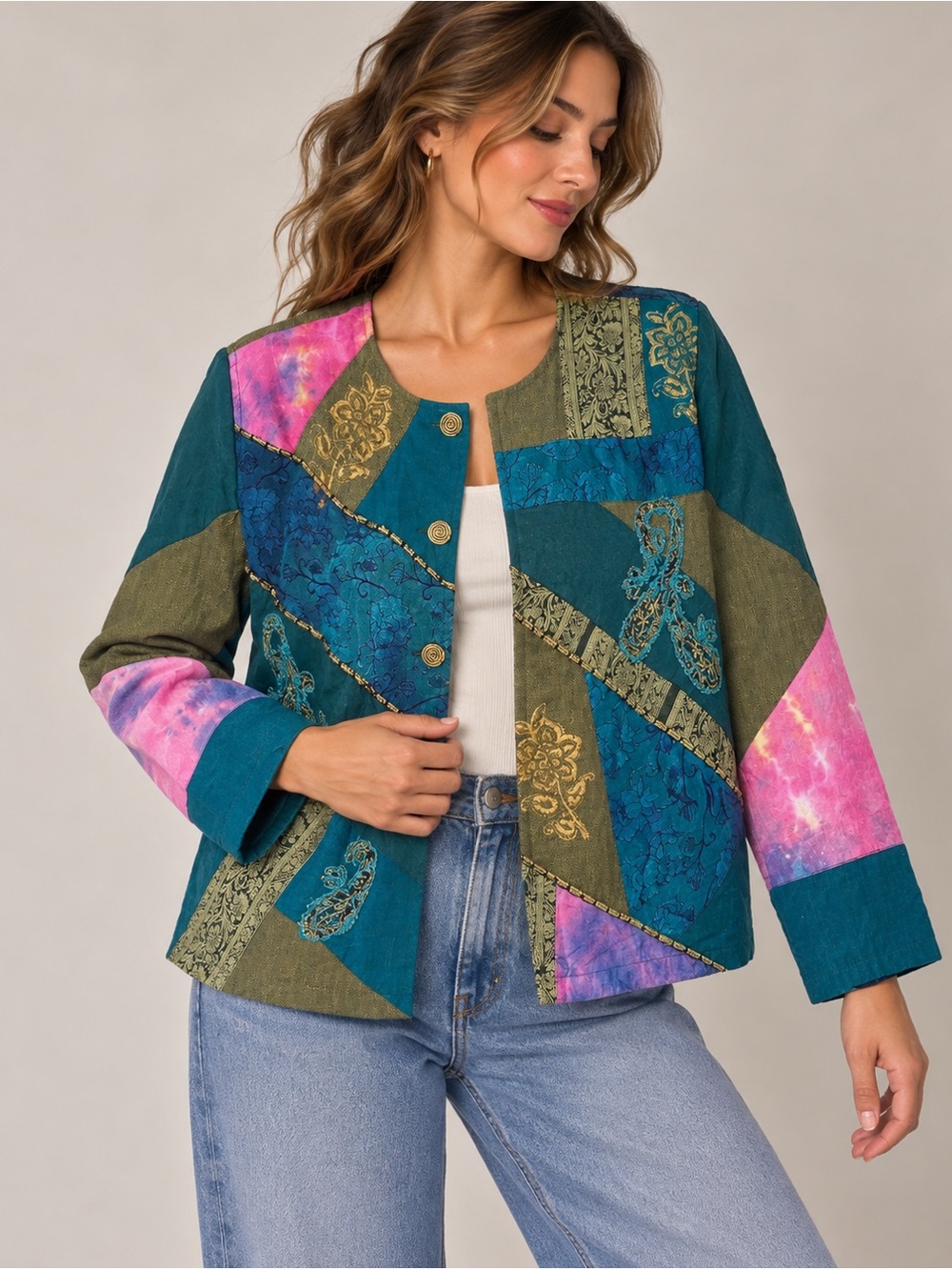 Vintage Elementz Jacket Womens XL Patchwork 70s Tapestry Art to Wear Floral